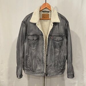 Levi’s Sherpa Trucker Jacket Large Grey/Black Denim Cream Lining
